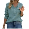 thumbnail image 2 of Sweatshirts for Women Plus Size Pocket Button Shirt Long Sleeved Slit Round Neck Solid Color Top Blue L, 2 of 4