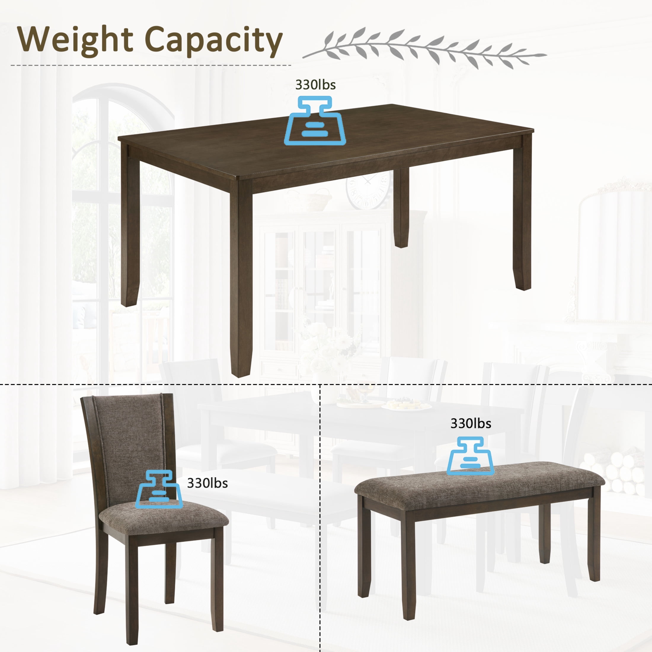 Noble House Amary 6-Piece Wooden Dining Table Set, Farmhouse Rustic Kitchen Table with Bench and 4 Chairs, Walnut
