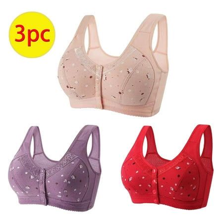 NSLGXD 3-Pack Womens Daisy Bras for Older Front Closure Plus Size Push Up Bralettes No Underwire Support Everyday Underwear Full Coverage Bra for Seniors Women