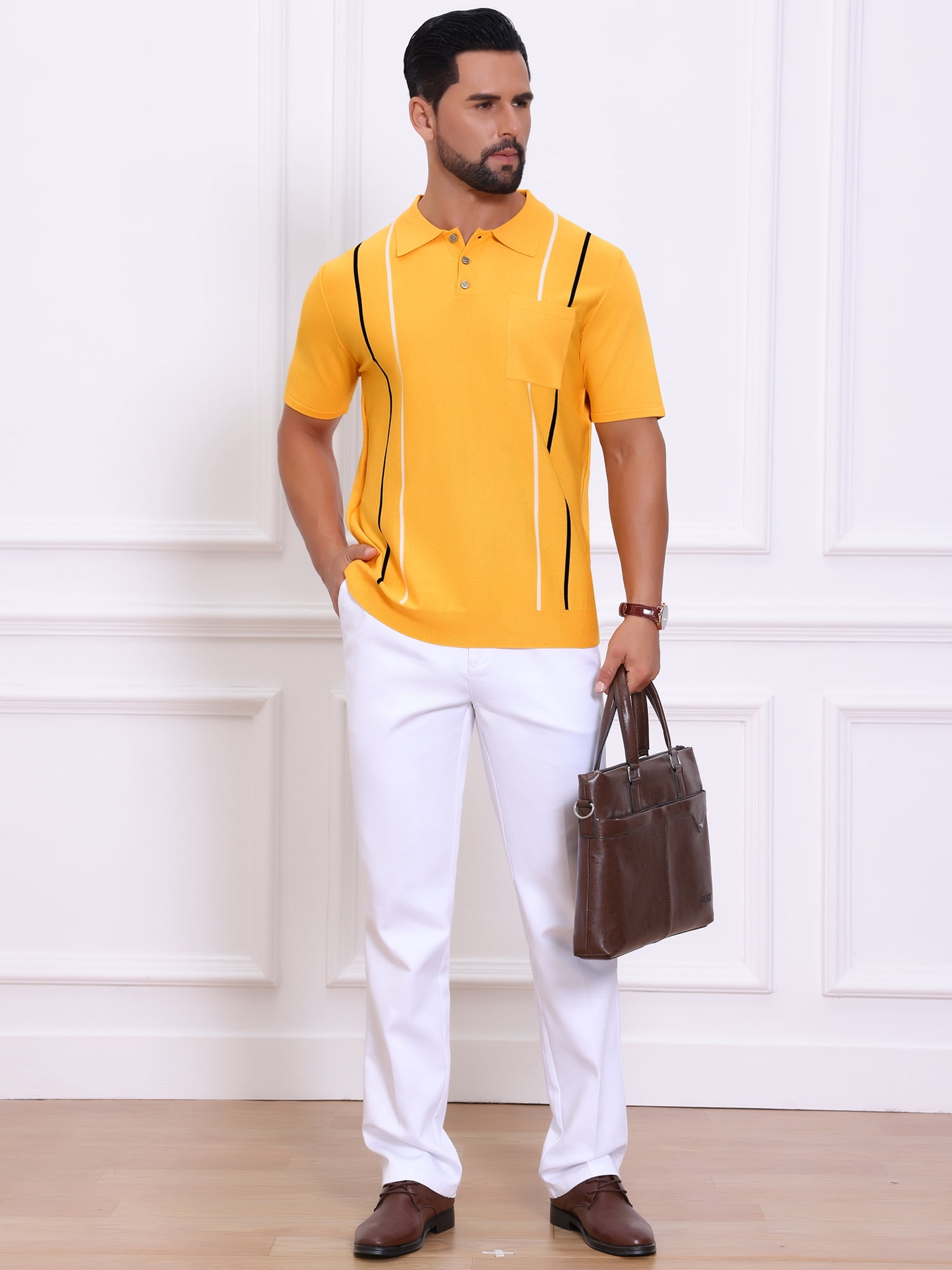 DARING DIVA Men's Striped Knit Chest Pocket Short Sleeve Vintage Golf Shirts L Yellow