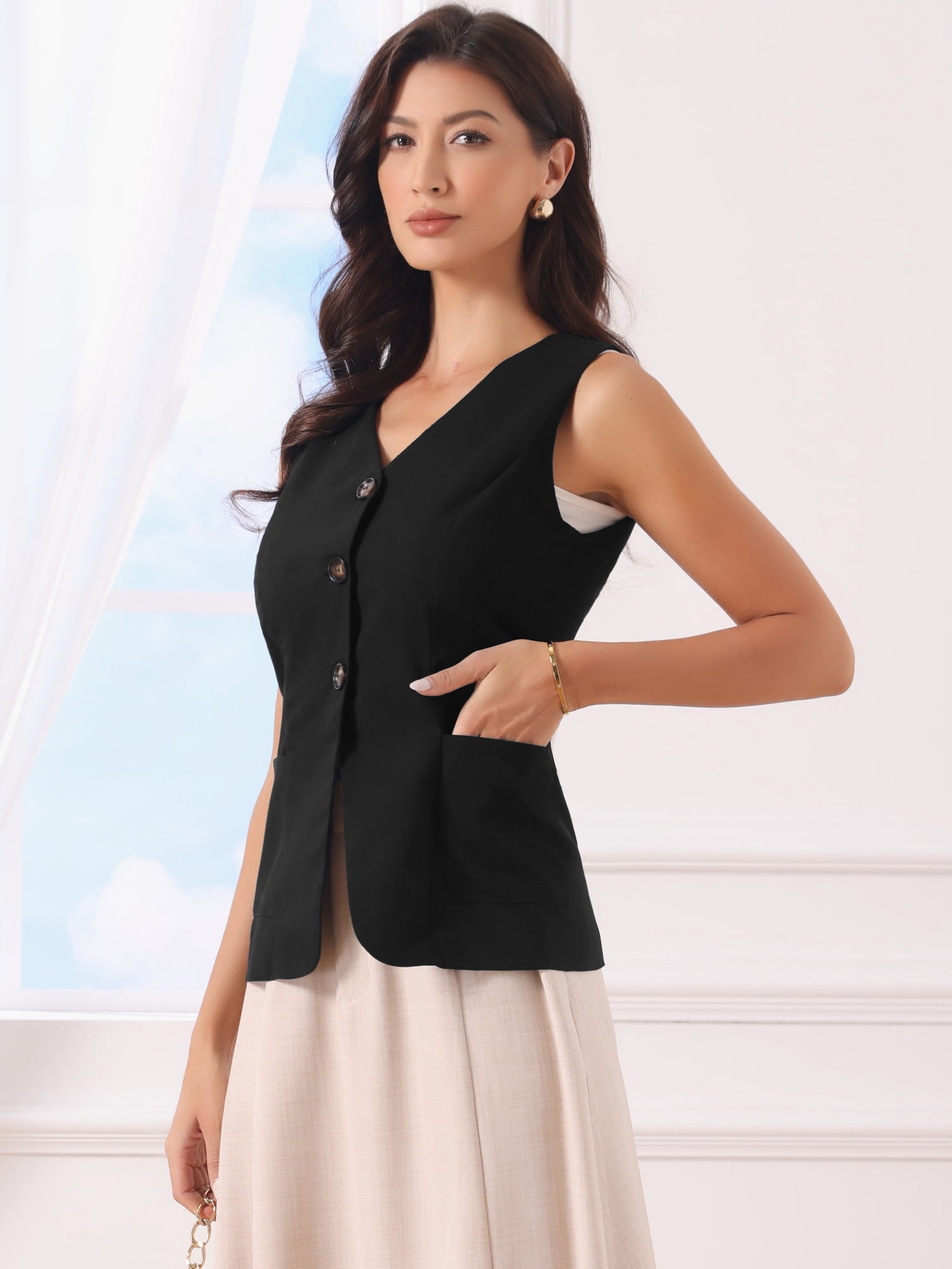 DARING DIVA Women's Cotton Linen Sleeveless Button Fitted Blazer Vest S Black