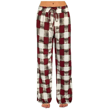 

Women s Comfy Stretch Plaid Lounge Pants Wide Leg Casual Drawstring Pajamas