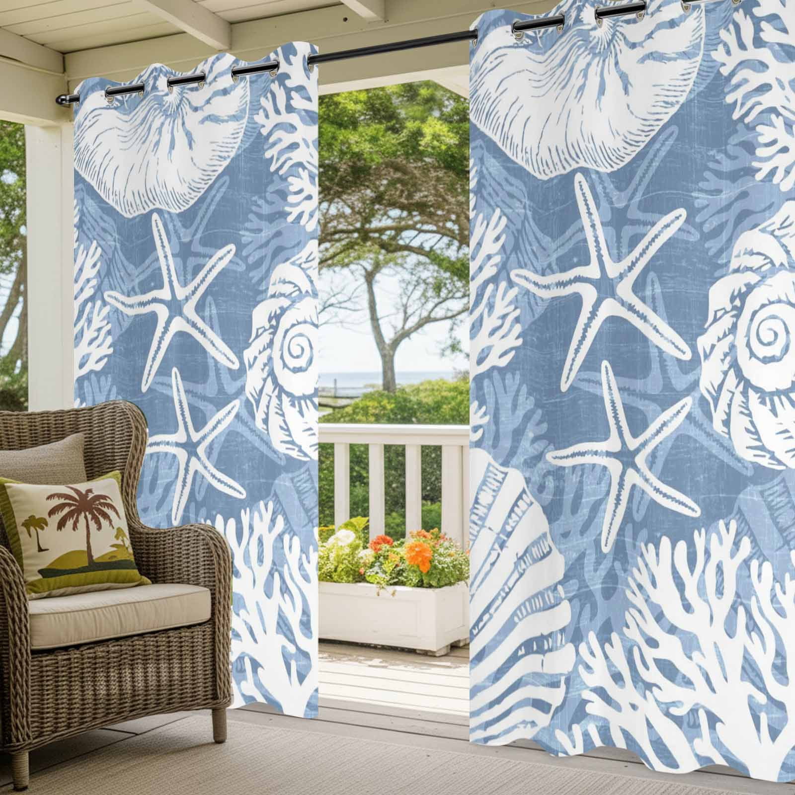 Blue Ocean Life Outdoor Curtains for Patio, Coastal Starfish Nautical Shell Conch Coral Sunshade Privacy Drapes Grommet Waterproof Outside Curtains for Porch/Cabana/Balcony 54"x 108", 1 Panel