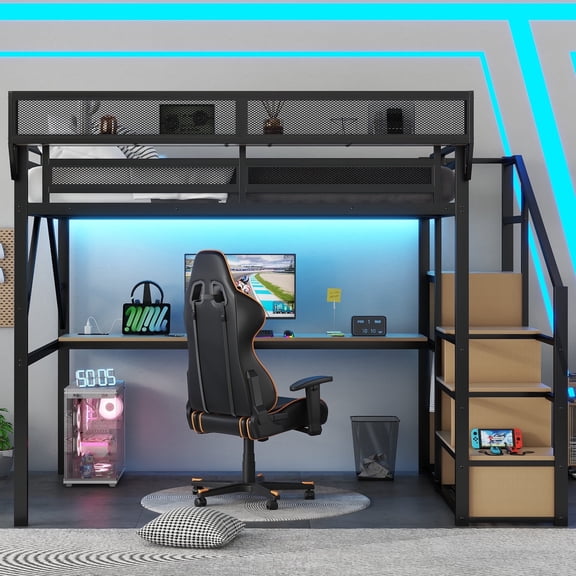 Mirightone Metal Loft Bed with Desk, Lights, and Storage Shelf - Queen, Black