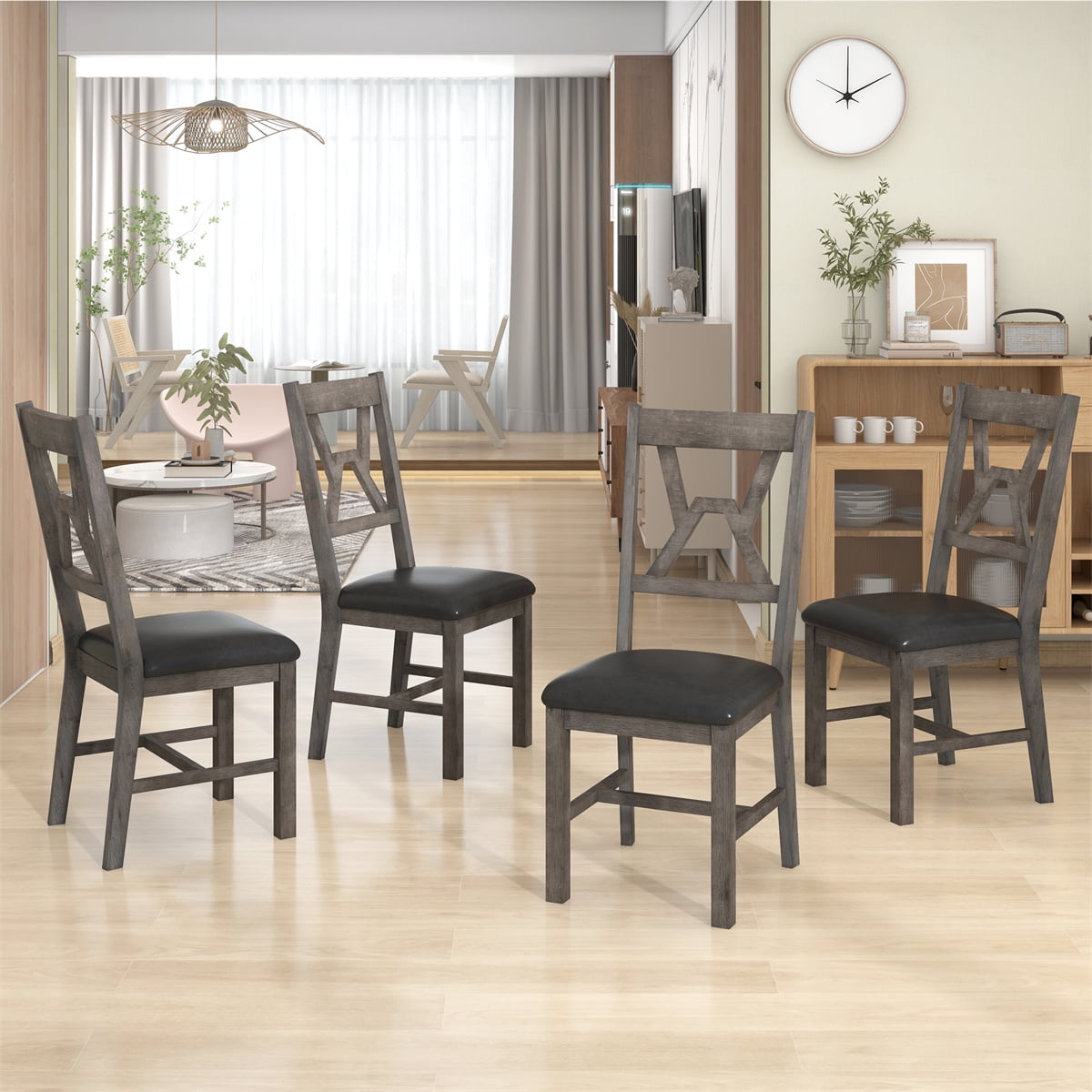 4 Pieces Dining Chiar Set, Upholstered Kitchen Chair with Cross High