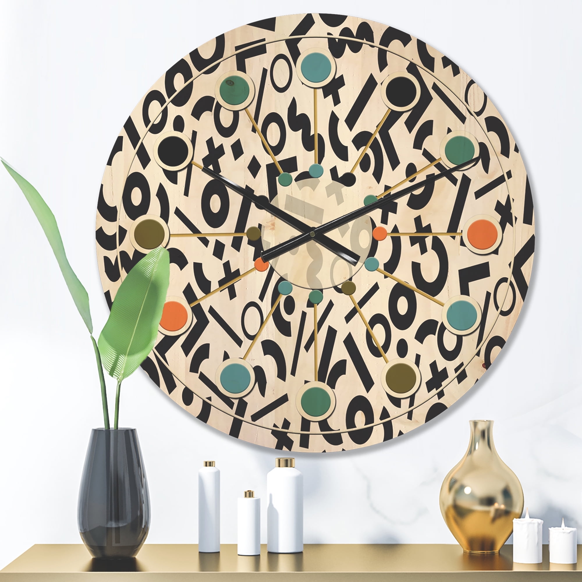 Designart 'Black and White Geometric Pattern X' Mid-Century Modern Wood Wall Clock