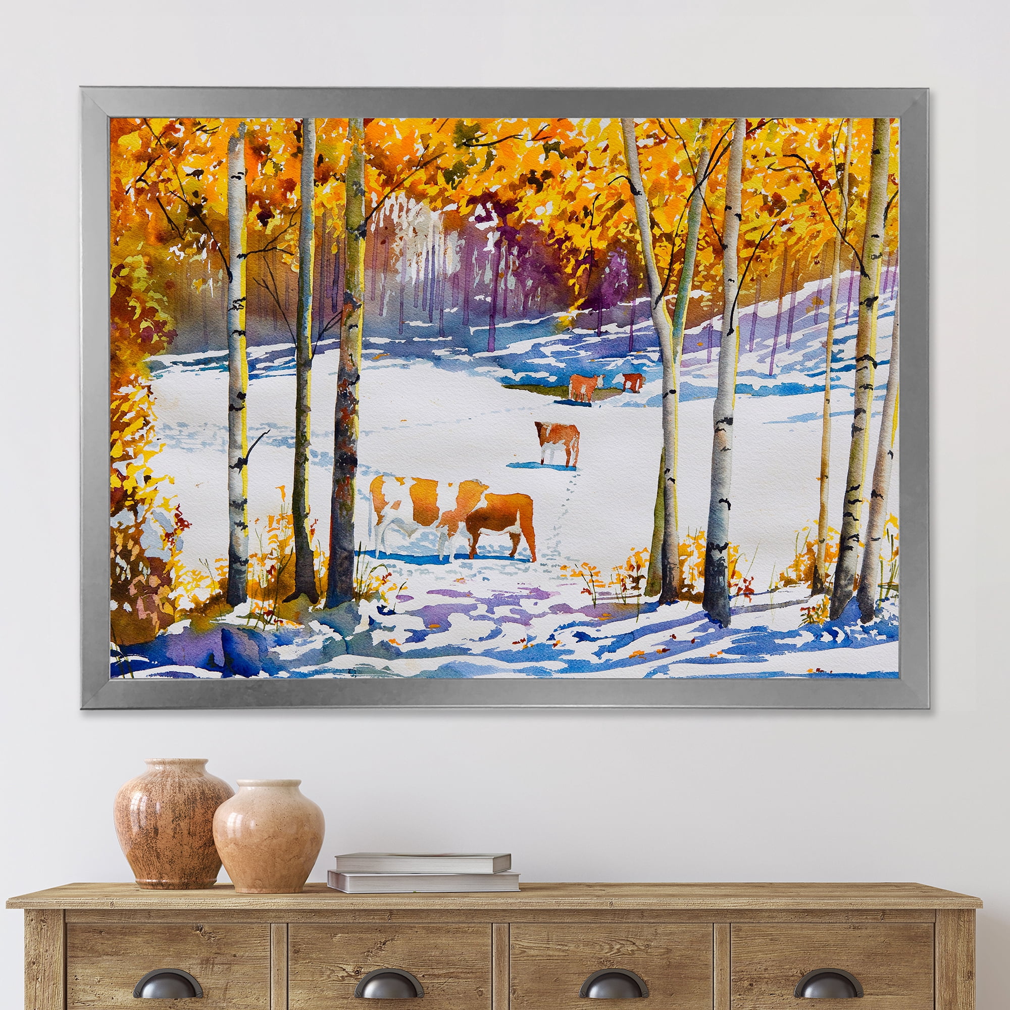 Designart 'Cattles In The Early Snow In The Tree Forest' Farmhouse Framed Art Print