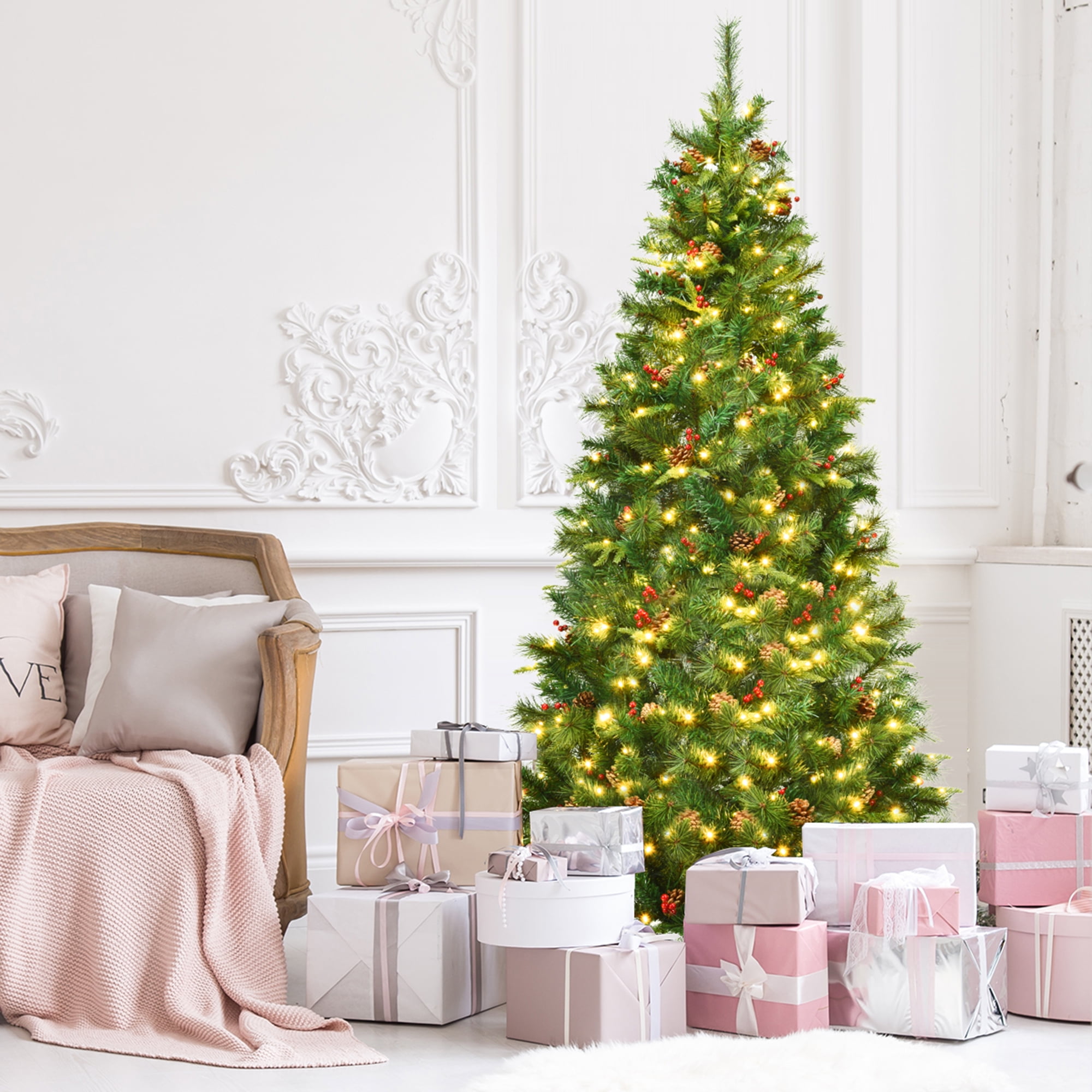 Gymax 7 ft Prelit Hinged Christmas Tree Holiday Decor w/ LED Lights