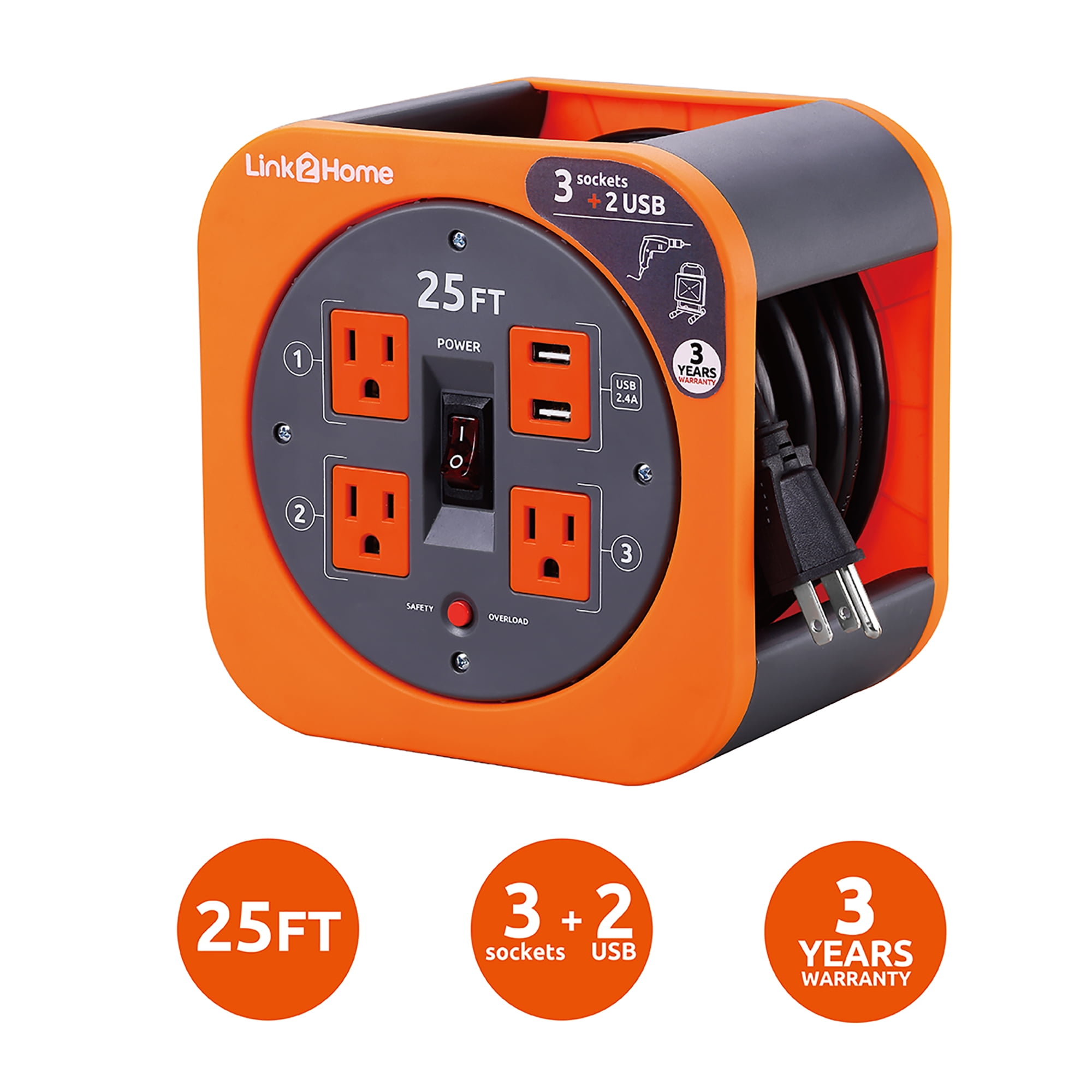 Link2Home Cord Reel 25 ft. Extension Cord 3 Power Outlets, 2 USB Ports