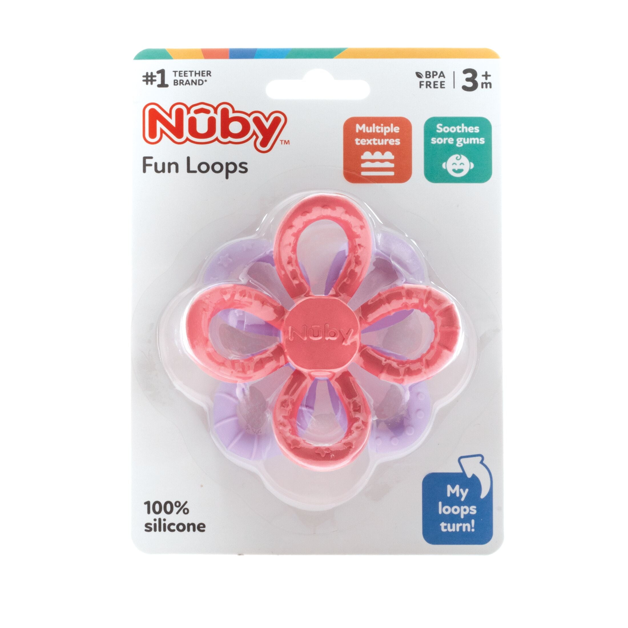 Nuby Fun Loops Silicone Teether Toy for Babies and Toddlers, Pink & Purple