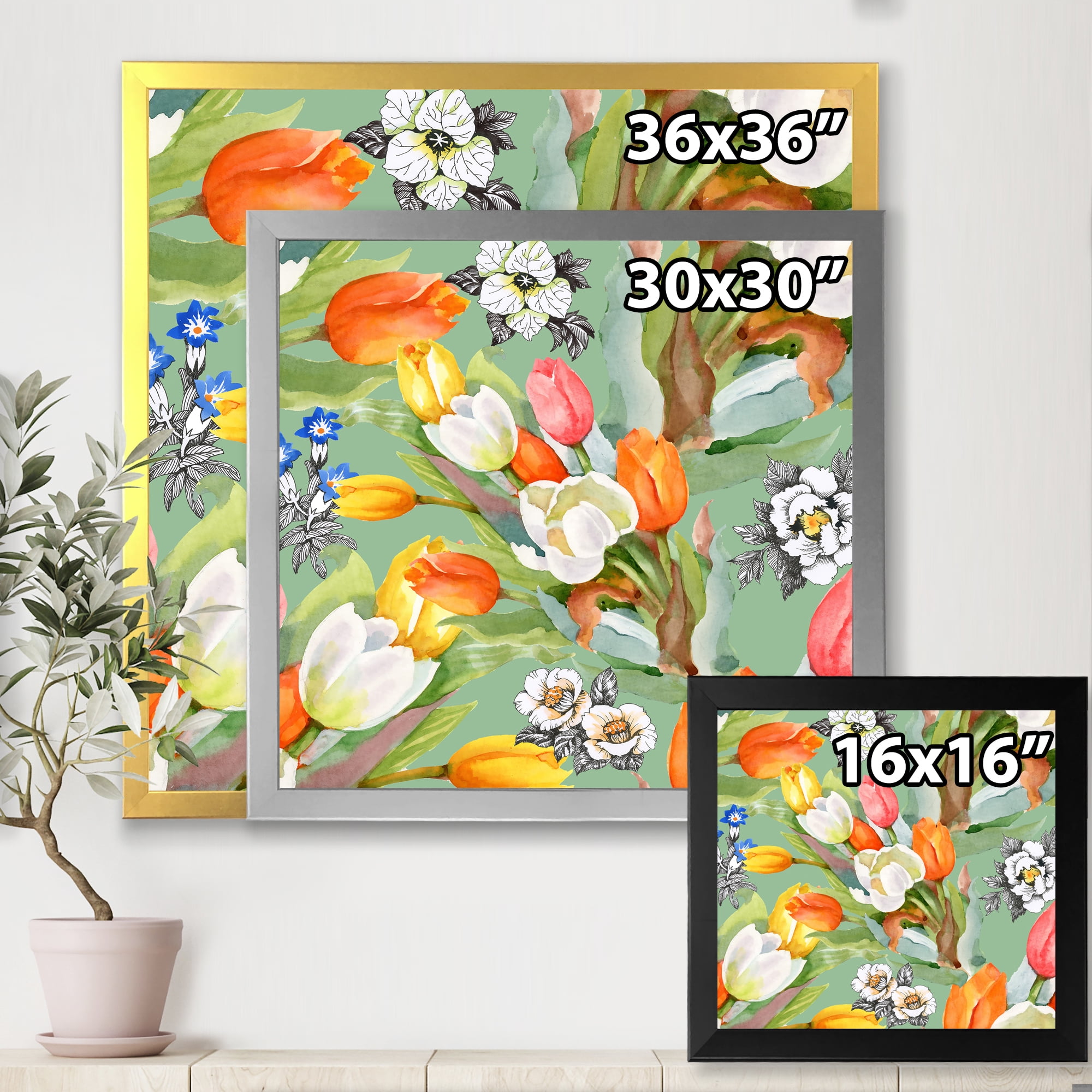Designart 'Blooming Orange and White Tulips II' Traditional Framed Art Print