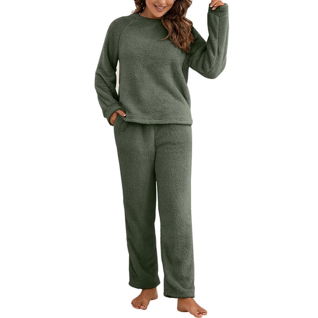 Innerwin Ensemble de Pyjama en Polaire pour Femmes 2 Pcs Couleur Unie Col Rond Chaud Sherpa Vert Armée TG