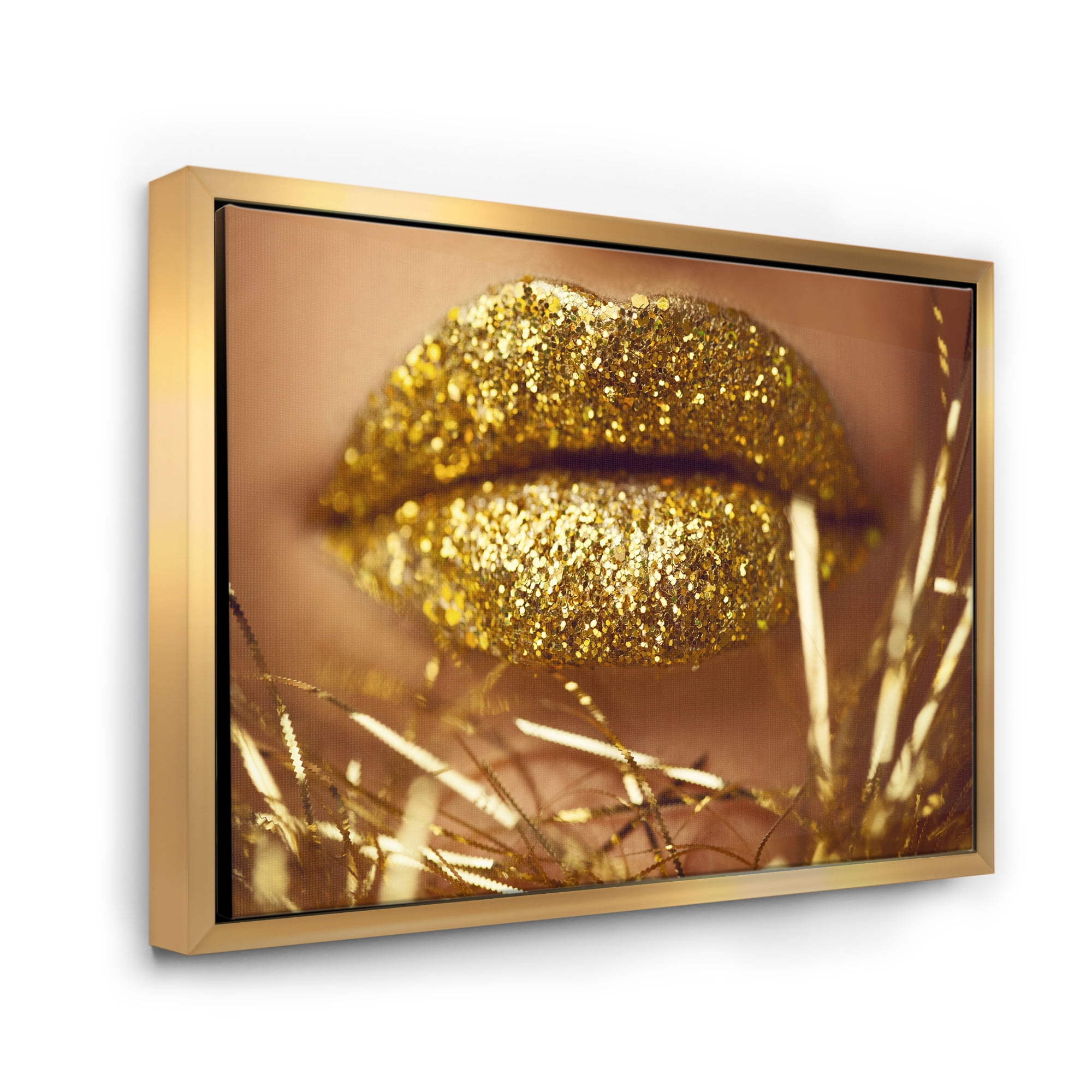 Designart 'Golden Female Lips' Modern Framed Canvas Wall Art Print