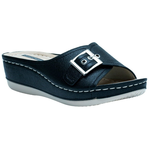 GOOD CHOICE Womens Black 1/2" Platform Adjustable Buckle Accent Cushioned Justina Round Toe Wedge Slip On Slide Sandals 7.5
