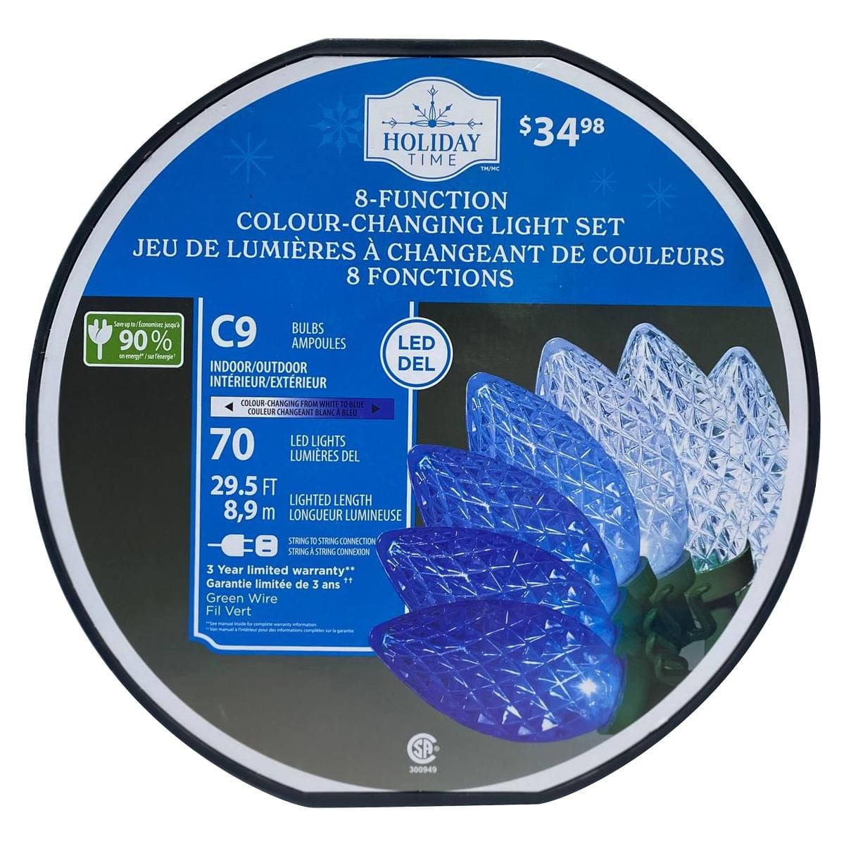 Holiday Time 70-Count LED Diamond-Cut C9 String Christmas Lights, Blue to Cool White, 6"(15.2 cm) bulb spacing