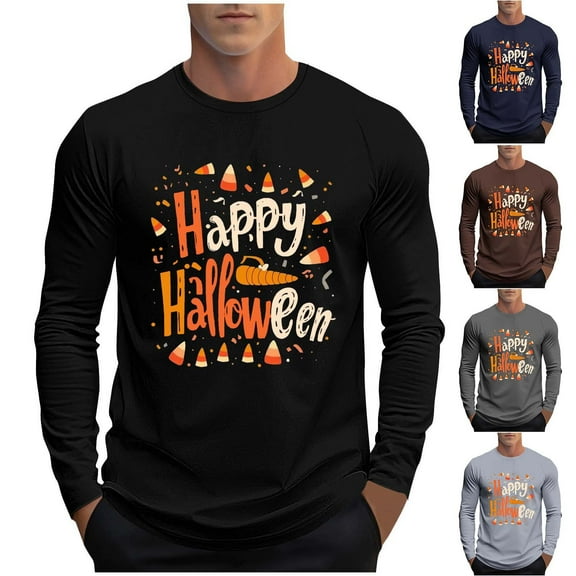 UVEASISHA Big and Tall Halloween Graphic Tees for Men Novelty Letter Print Long Sleeve T-Shirts Holiday Casual Crewneck Pullover Tops Birthday Gifts Gray 5XL