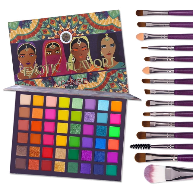 Paleta de sombras de ojos y 15 pinceles para ojos, juego de 48 colores | UCANBE