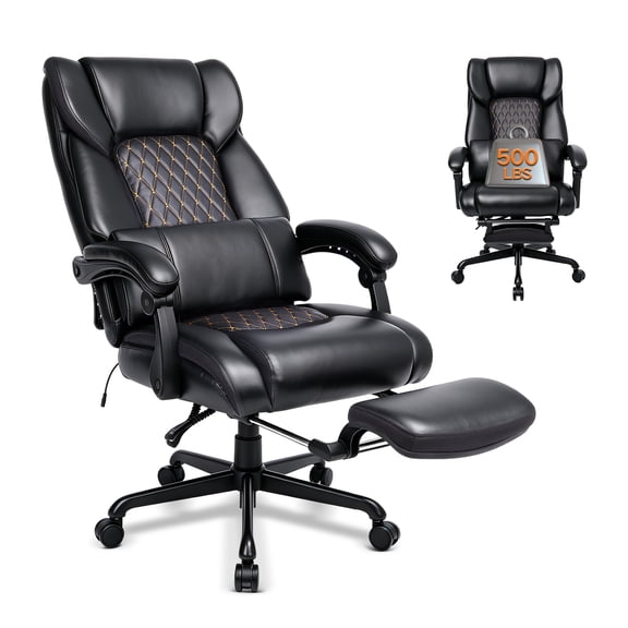 Big and Tall Massage & Heated Office Chair 500LBS, PU Leather Executive Office Chair with Reclining Backrest, High Back Ergonomic Computer Desk Chair with Footrest,Black