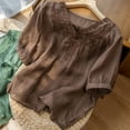 thumbnail image 2 of iHengLiXing Clearance Plus Size Spring Tops for Women 2025 Dressy Casual Solid Color Casual Loose Fashion T-Shirt Short Sleeve V-Neck Embroidery Tops Cotton And Linen Blouse Brown XXXL, 2 of 7