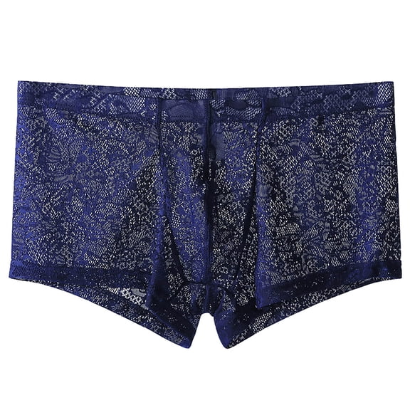 Men's Lace Boxer Briefs Underwear Bulge Pouch Lingerie Sheer Bikini See Through Shorts Underpanties Blue XL