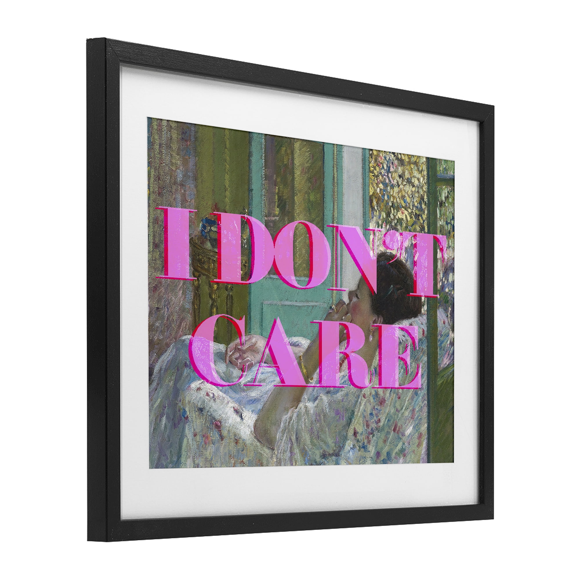 I Don't Care over Classic Painting Black Framed Print Under Glass, design by Lil' Rue
