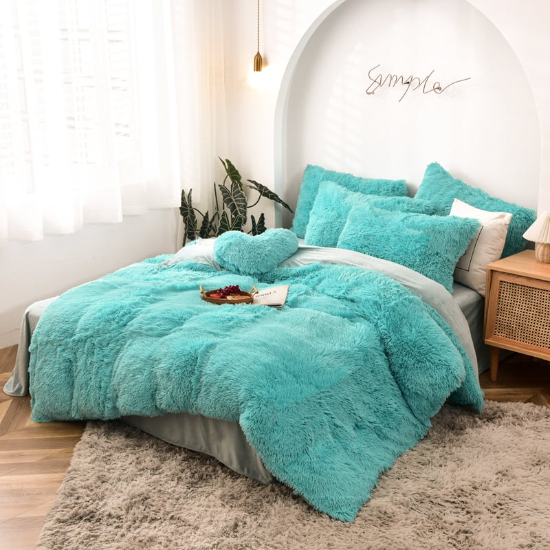 MorroMorn Luxury 5 PCS Shaggy Duvet Cover Sets Fuzzy Bedding Set, King/Cal King Size, Aqua Blue