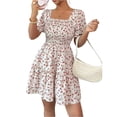 thumbnail image 2 of Summer Dresses for Women 2026 Boho Floral Smocked Square Neck Short Sleeve Mini Dress Ruffle Beach Summer Sundresses 2XL, 2 of 7