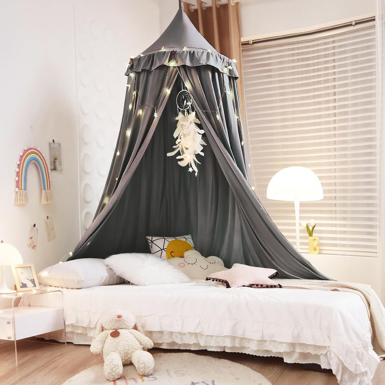 Decor Canopy for Kids Bed, Soft Smooth Playing Tent Canopy Girls Room Decoration Princess Castle, Dreamy Mosquito Net Bedding, Children Reading Nook Canopies in Home (Gray)
