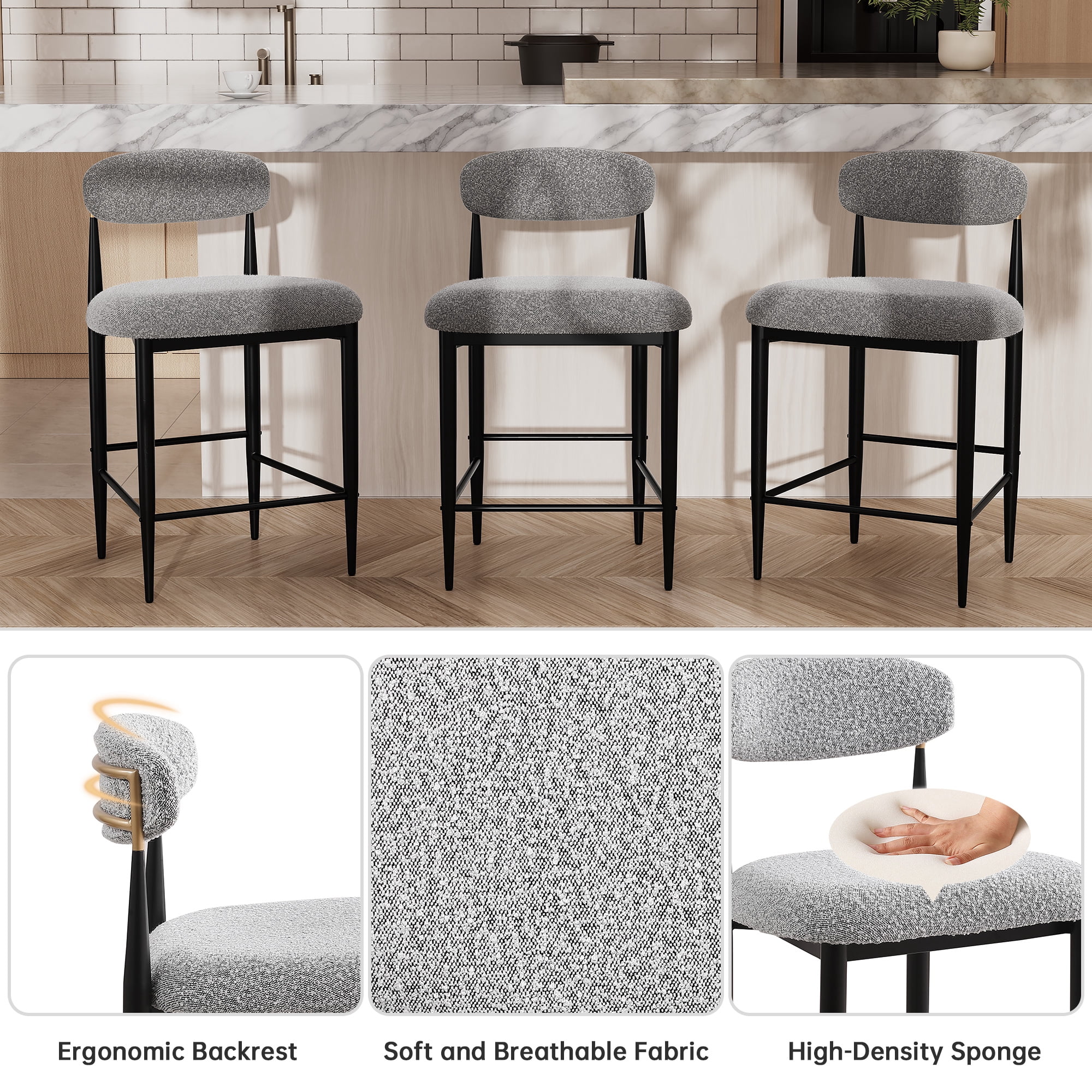 Morden Fort Counter Height Bar Stools Set of 2, 26" Boucle Barstools with Backrest and Metal Legs, Island Chairs for Kitchen Island, Dining Room