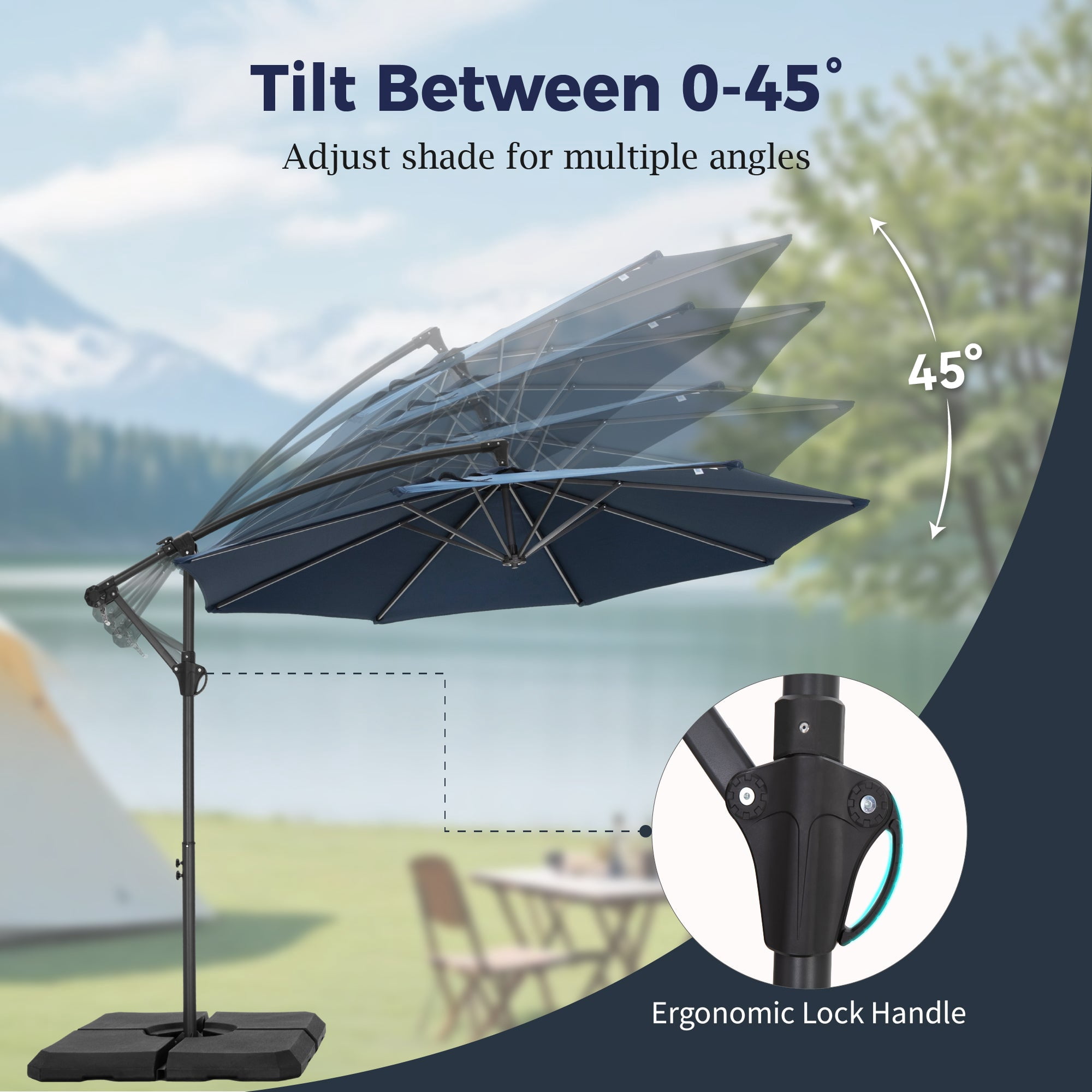 Alpha Joy 10ft Outdoor Patio Offset Market Hanging Umbrella with 8 Steel Ribs & Cross Base(No Weight), Navy Blue