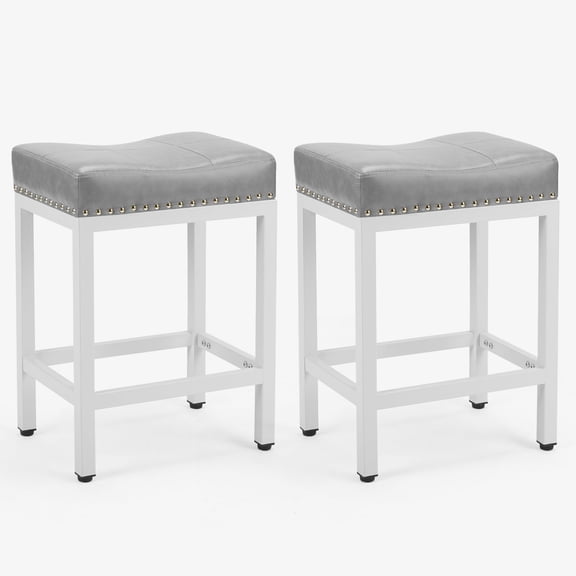 CONCETTA Set of 2 24in Saddle Bar Stools, Metal Base, PU Leather Seats with foot mat, Gray