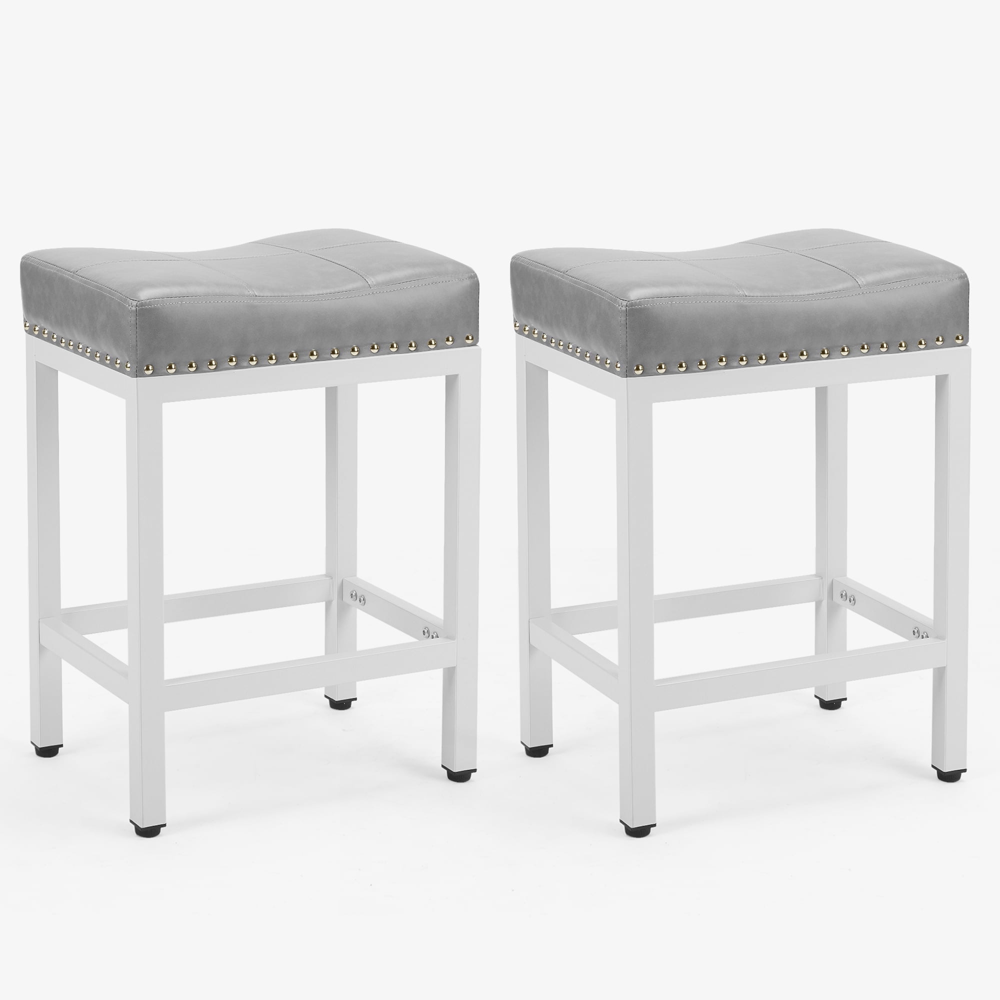 CONCETTA 24in Saddle Bar Stools Set of 2 , Metal Base, PU Leather Seats with Foot Mat, Gray