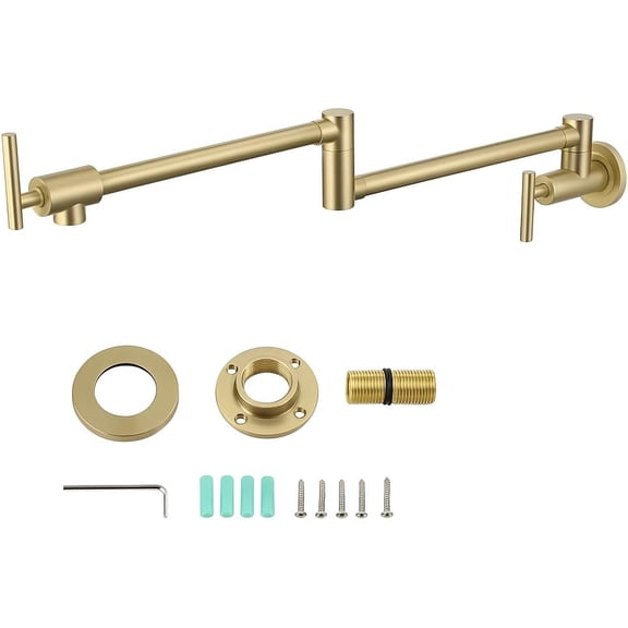 Gold Kitchen Faucet - 23.6" Brushed Brass Pot Filler Faucet With Dual Swing Arm, Folding Wall Mount Pot Filler, Commercial 360° Swivel Spout, High Flow 2.2 Gpm Over The Stove Faucet For Cooking