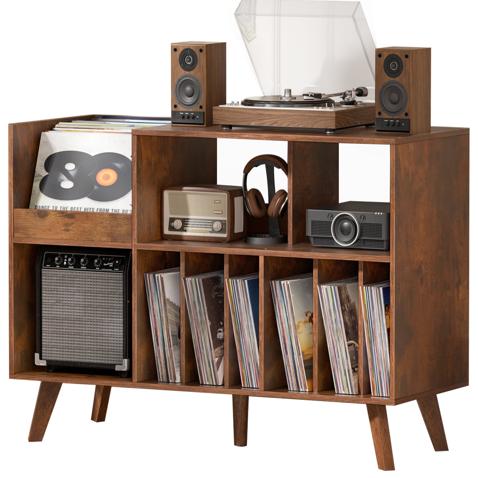 LELELINKY Large Record Player Stand, 48" Turntable Stand with Storage, Vinyl Record Holder Holds 450 Albums, for Music Room, Living Room, Brown