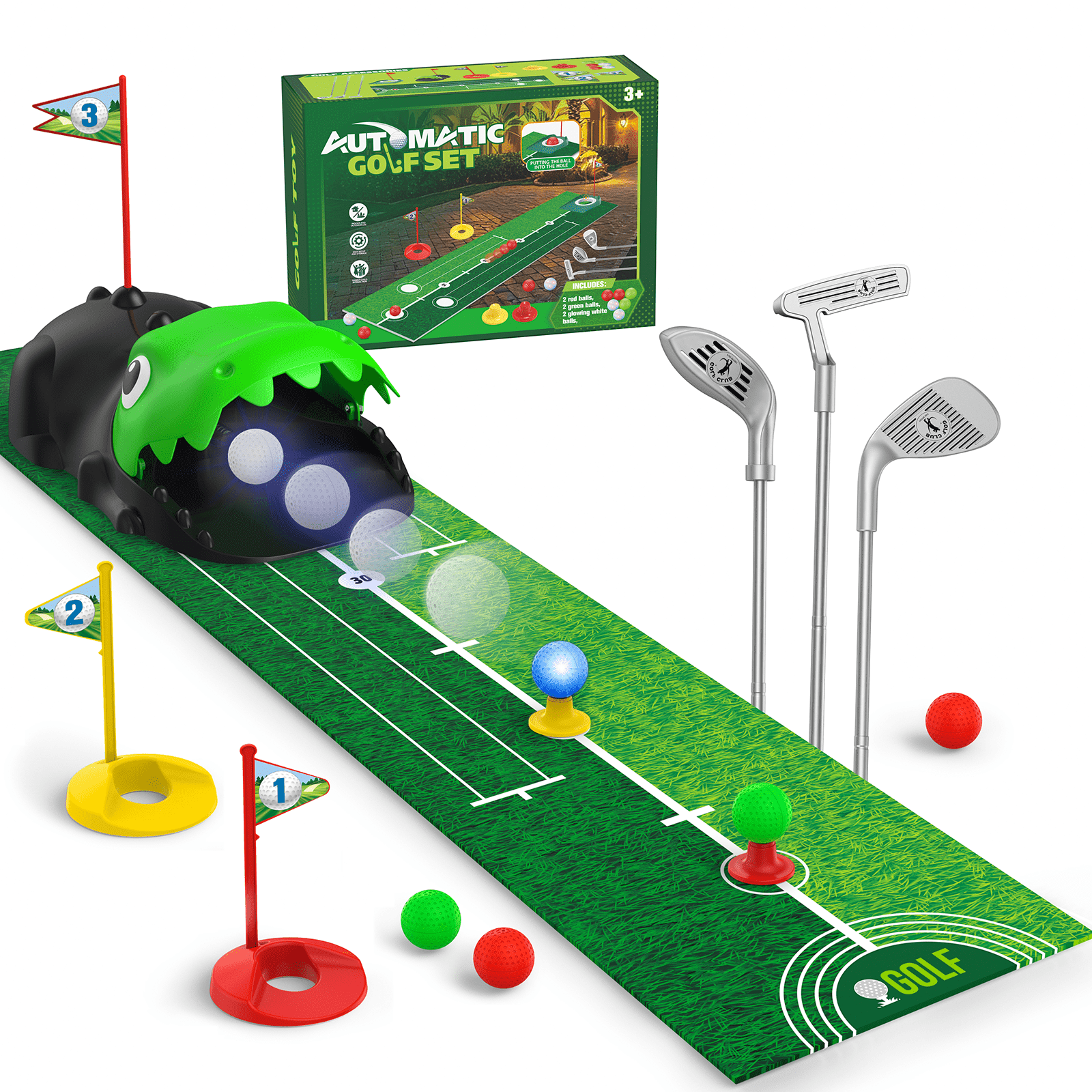 TOPFOX Kids Golf Clubs Toy Set, 6 LED Golf Balls, 3 Custom Clubs