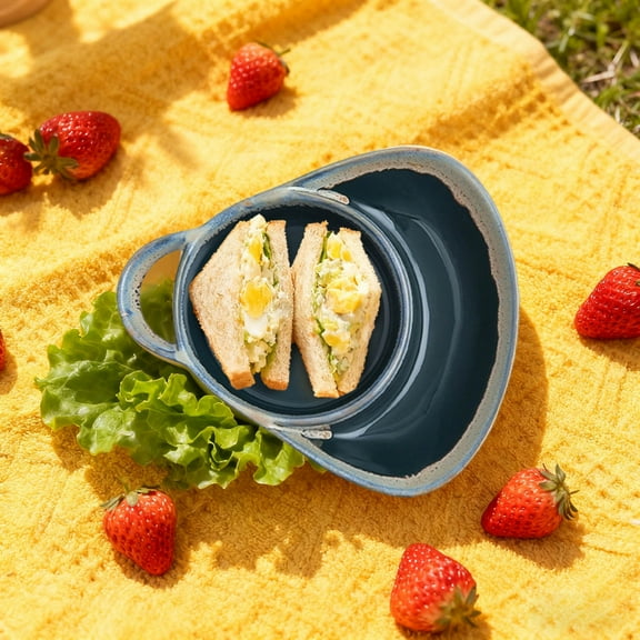 Soup and Sandwich Bowl, Stoneware Dual Compartment Soup & Side Bowl Set, Heat-Resistant Fan Shape Ceramic Split Cereal Bowl with Handle, for Breakfast,Blue