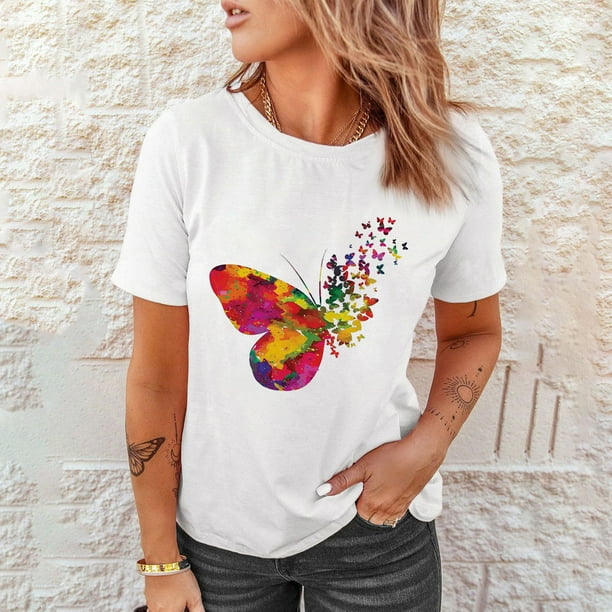 Camisetas con estampado de mariposa y cuello redondo para mujer Camisetas estampadas Camiseta de manga corta Blusa Tops Fridja bn2181 Walmart en linea