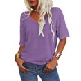 thumbnail image 2 of Solid Color Women V-Neck Half Sleeve Casual Loose Shirt Tops, 2 of 5