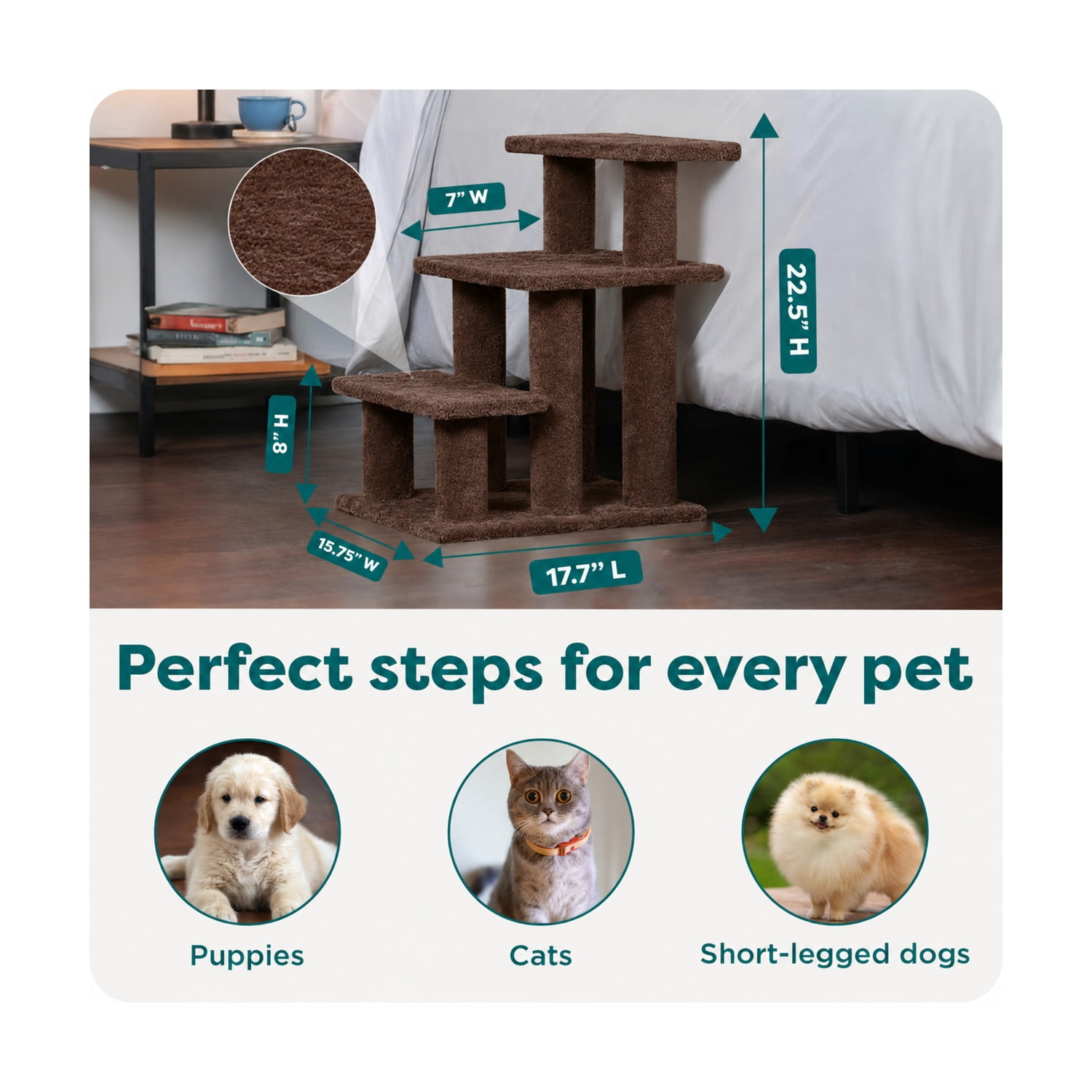 Steady Paws 3-Step Stairs, Joint Friendly, Brown, 1 Count