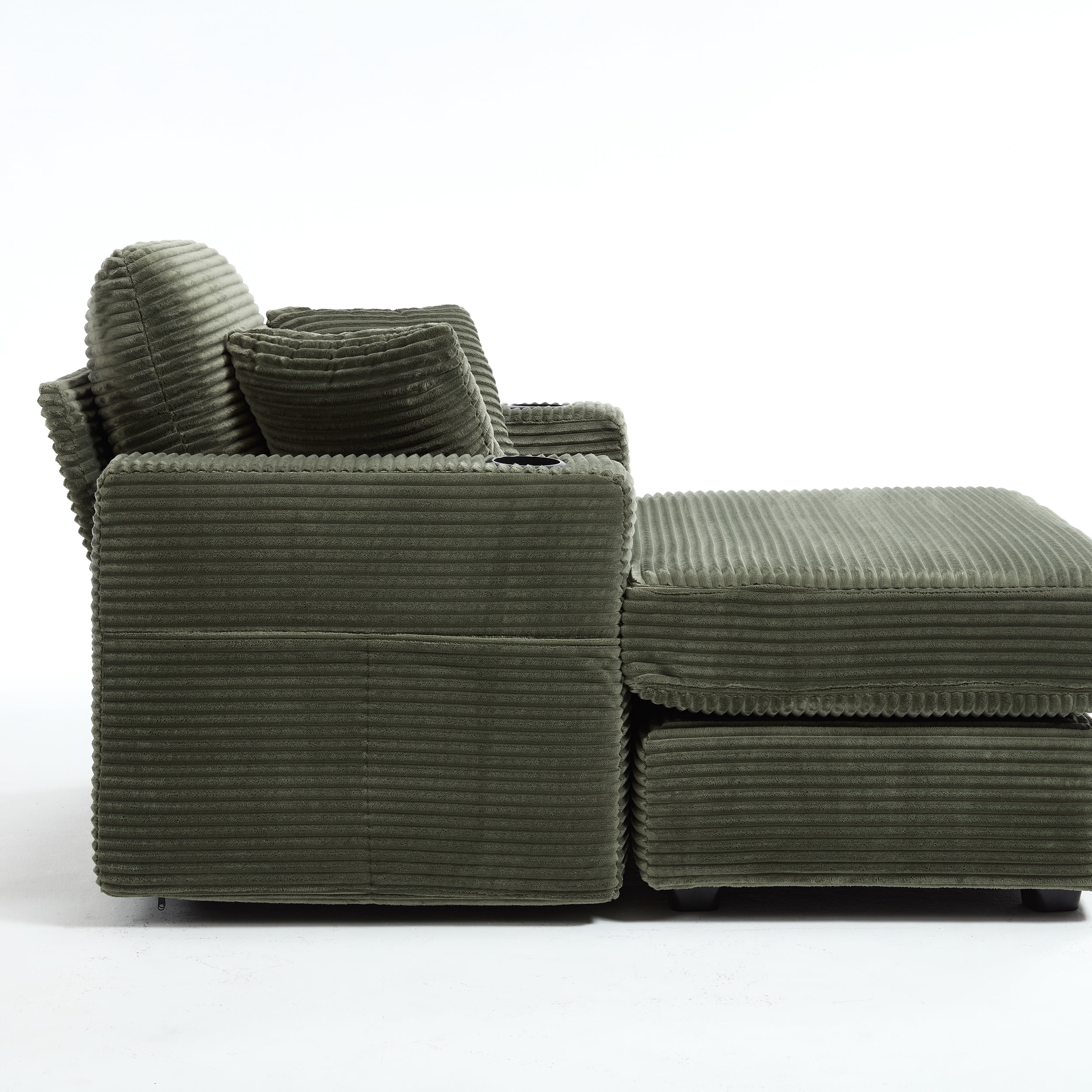 Leumius Chaise Lounge Sofa with Magazine Pocket and Double Cup Holder - Removable Cushions, Ergonomic Corduroy Sofa with Deep Seat, Perfect for Living Room or Home Office,Green.