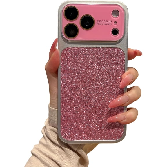 Silver Edge Bling Glitter Back Camera Protect Phone Case for iPhone (Pink,iPhone 16)