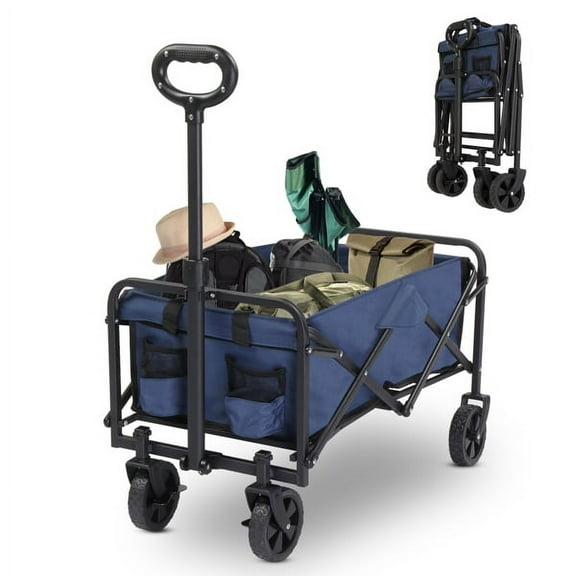Cotinse Collapsible Garden Folding Cart, 220lbs Capacity Utility Wagon with 600D Oxford Cloth & Steel Frame, Portable Flat Folding Trolley, Blue