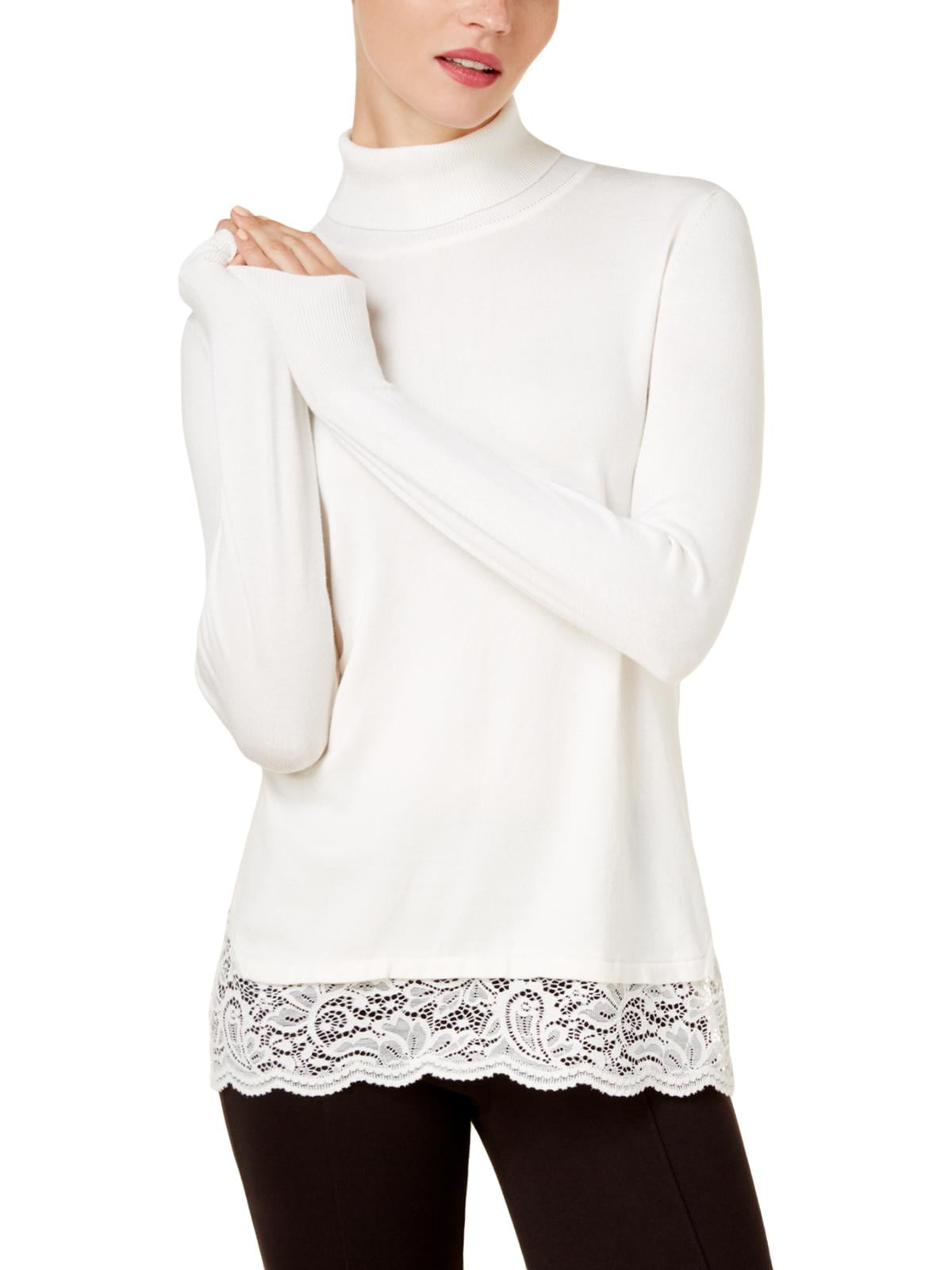 Cable & Gauge Womens Lace Trim Long Sleeves Turtleneck Sweater