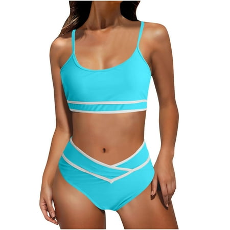 Womens fashion High Waisted Bikini Sets for Women Sporty Two Piece Swimsuit Crossover Cheeky Swim Bottom Tummy Control Bathing Suits sale