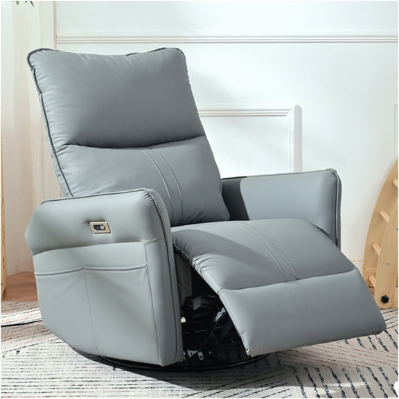 JERFIT Modern Power Swivel Recliner Chair with USB Charging, 270° Swivel & Rocking Glider, Electric Single Sofa for Small Spaces, Living Room, Nursery in Blue-Gray PU