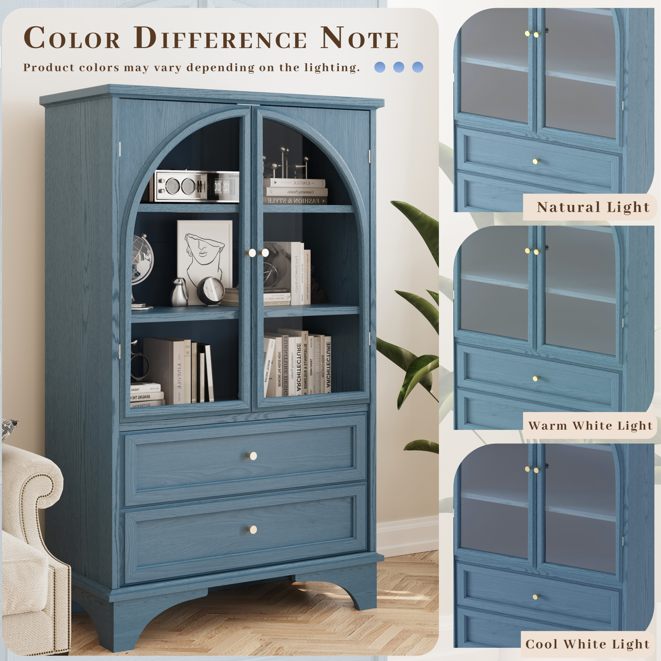 GDF Studio 52.17-Inch Display Cabinet with Glass Doors, 2 Drawers & Adjustable Shelves, Blue