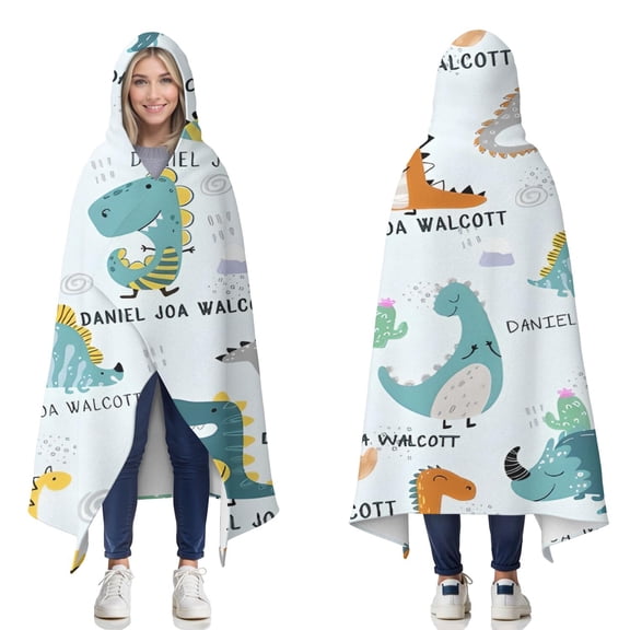 Wearable Blanket,LightBlue Cartoon Dinosaurs Name Pattern Hooded Wearable Flannel Blanket for Adults & Teens,Winter Poncho Shawl Wrap Cape Cozy Anti-Pill,50"x60"