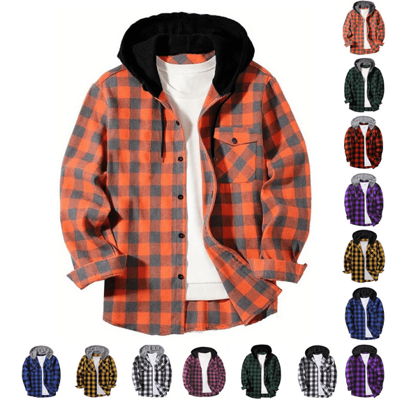 Jinhomg Flannel Shirt for Men Plaid Button Down Hoodie Casual Long Sleeve Shirts Lightweight Hooded Shirt Jacket with Pockets Hot Pink,S
