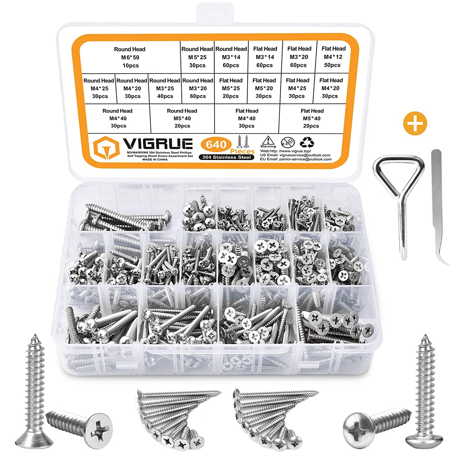 VIGRUE Screws Bolt Nut Flat Washers 304 Stainless Steel Machine Screws Assortment Kit with Wrench and Storage Case #8-32#10-24 1/4-20 