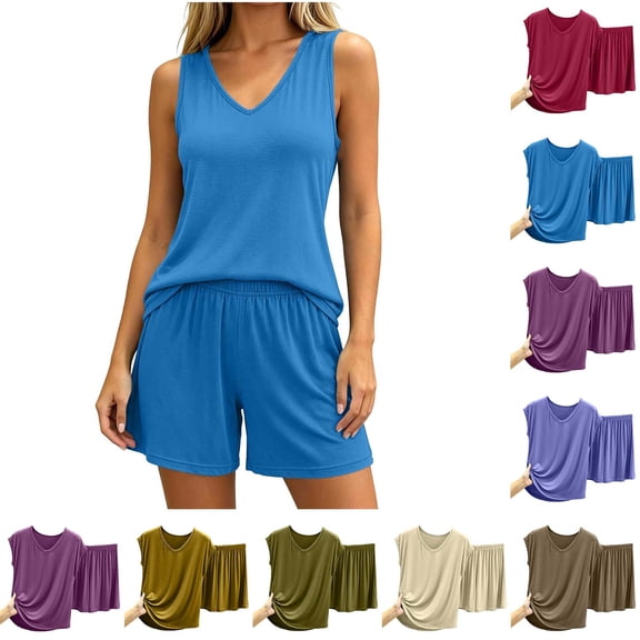 Fewfanhot Women's Built-in Bra Tank Pajama Set Striped Sleeveless Top with Elastic Waist Shorts 2 Piece Sleepwear Loungewear